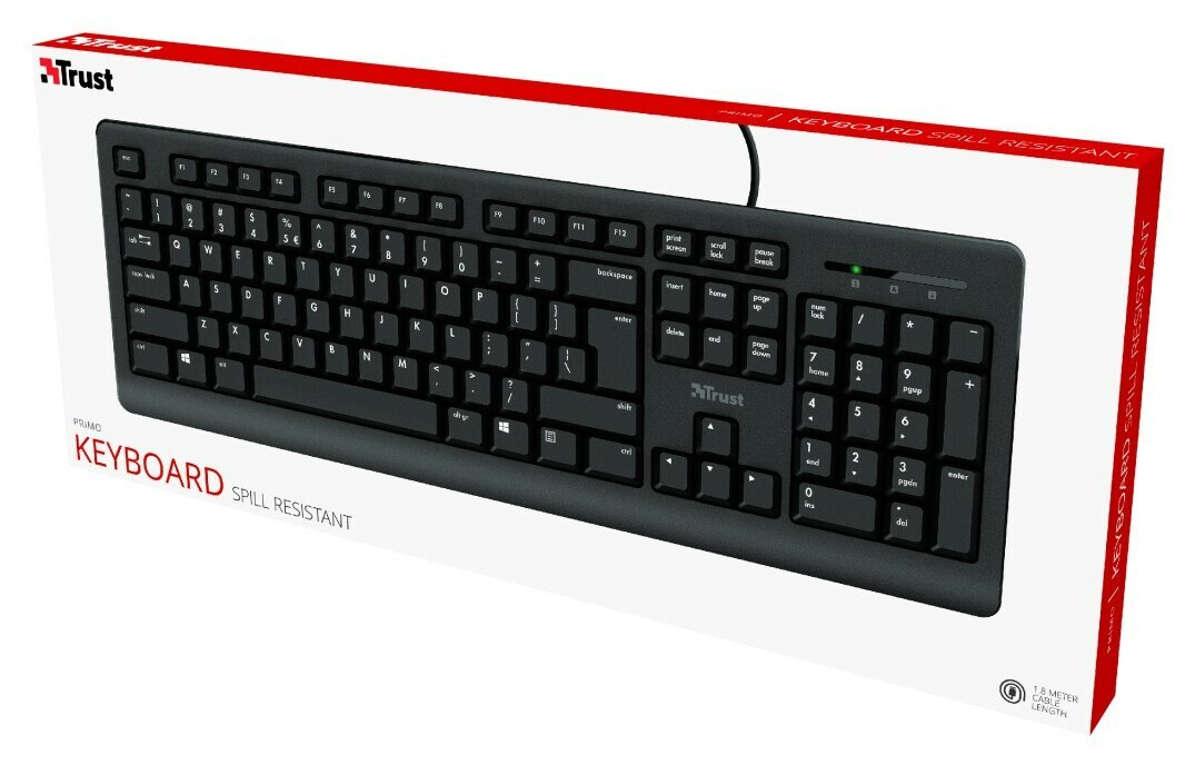 Czarna klawiatura w białym pudełku z marką 'Trust' i etykietą odporną na zalania.