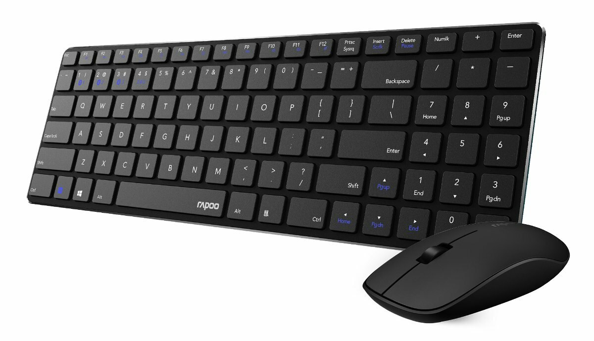 Czarna klawiatura z pasującą myszą. Klawiatura ma białe klawisze z niebieskimi funkcjami pomocniczymi.