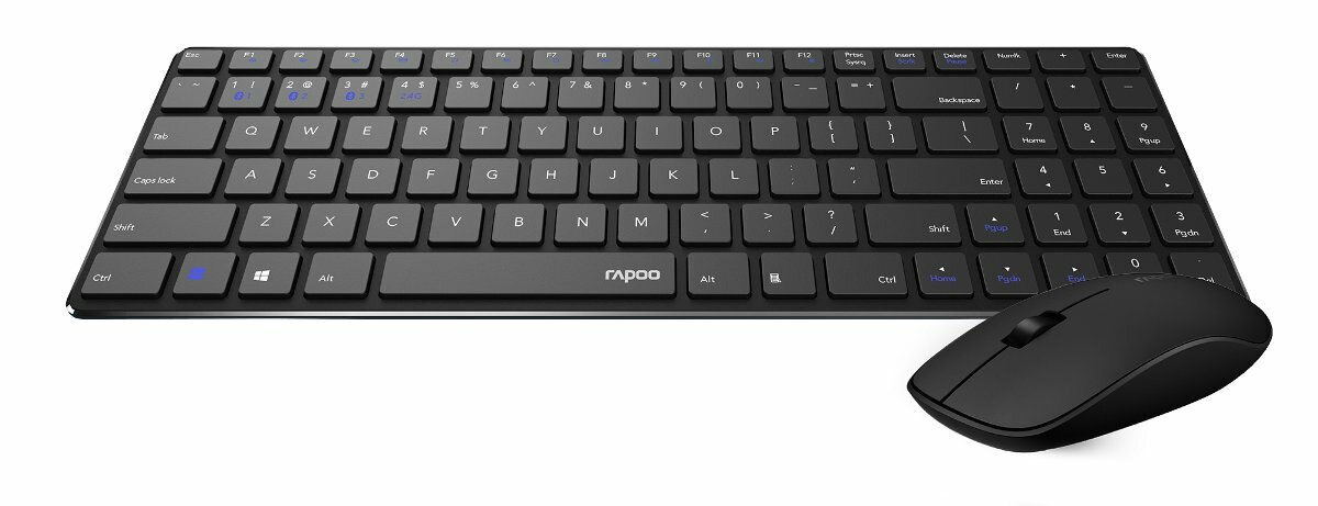 Czarny zestaw klawiatura i mysz, białe tło, bezprzewodowa konstrukcja.