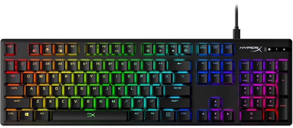 Czarna klawiatura mechaniczna HyperX z kolorowymi światłami LED. Klawisze są czarne, białe tło.