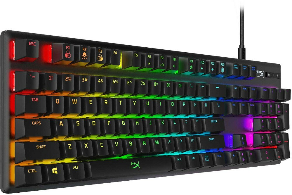 Klawiatura RGB z kolorowymi klawiszami, czarnym tłem i kablem.