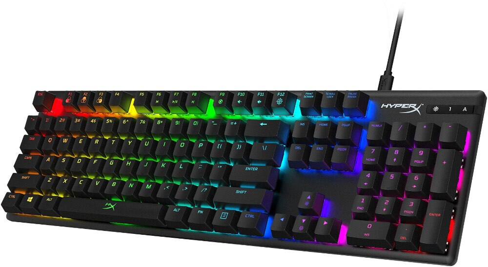 Czarna klawiatura do gier HyperX z tęczowymi podświetlanymi klawiszami. Klawisze są widoczne.