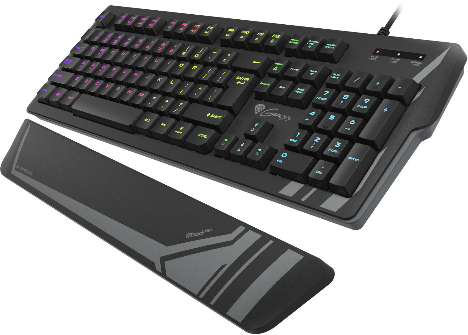 Czarna klawiatura Genesis z podpórką pod nadgarstek. Ma kolorowe klawisze i klawiaturę numeryczną.