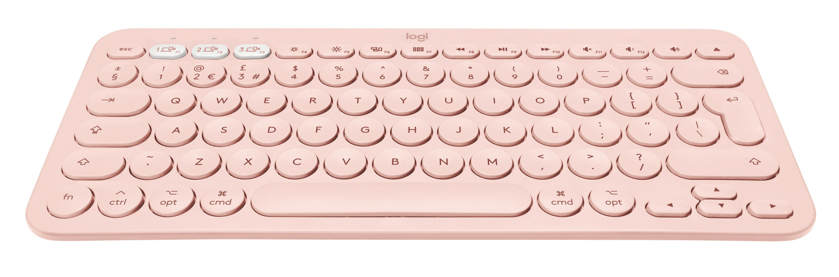 Różowa klawiatura z okrągłymi klawiszami, widok z góry.