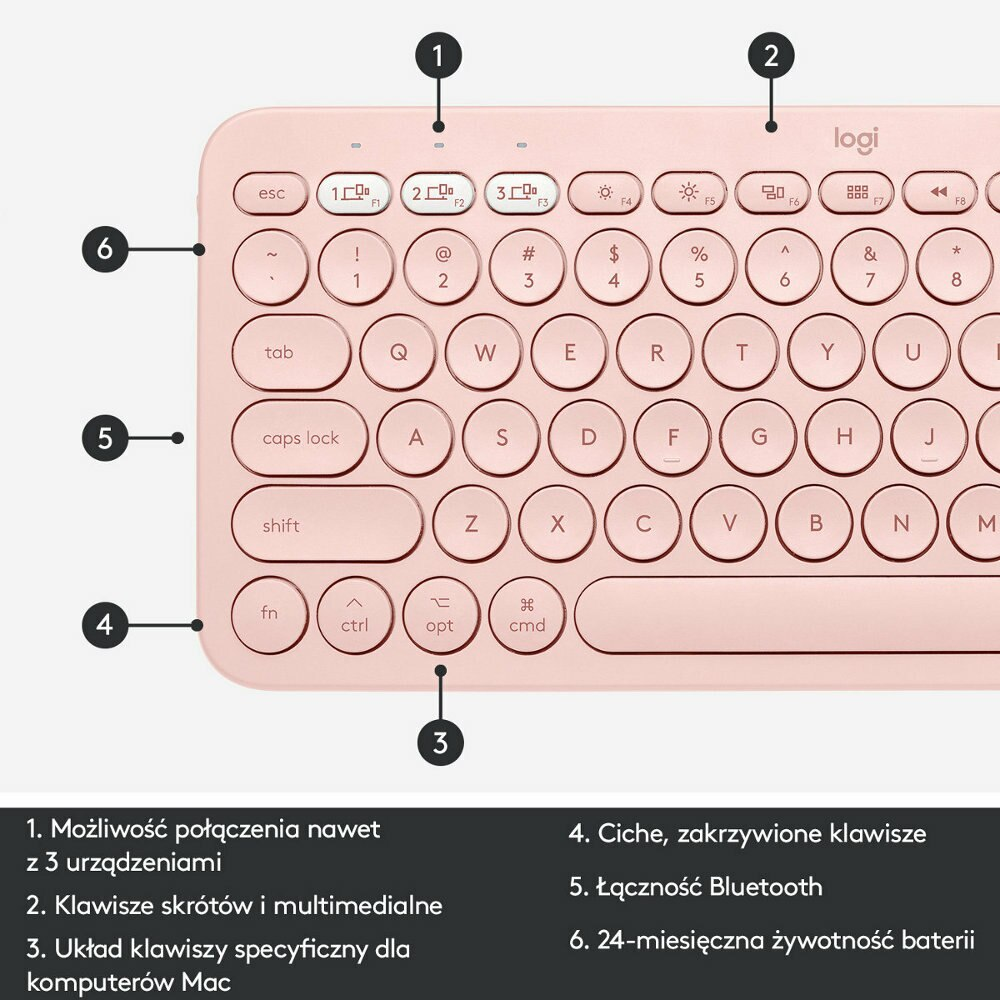 Różowa klawiatura Logitech z układem specyficznym dla Maca.