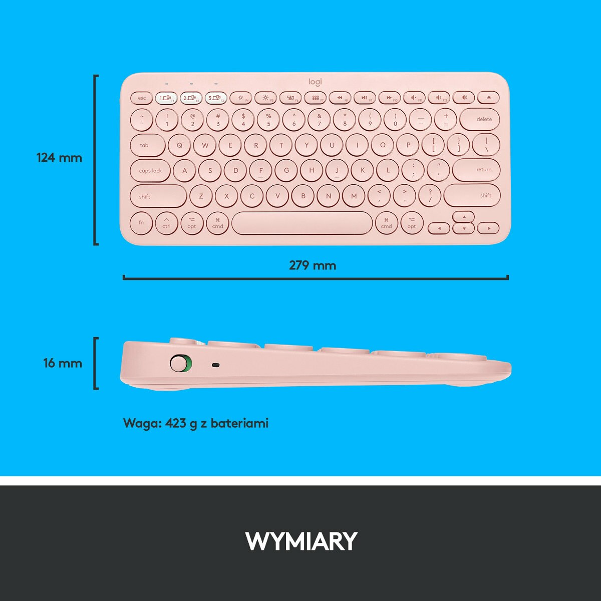 Różowa, kompaktowa klawiatura Logitech z wymiarami w mm, na niebieskim tle.