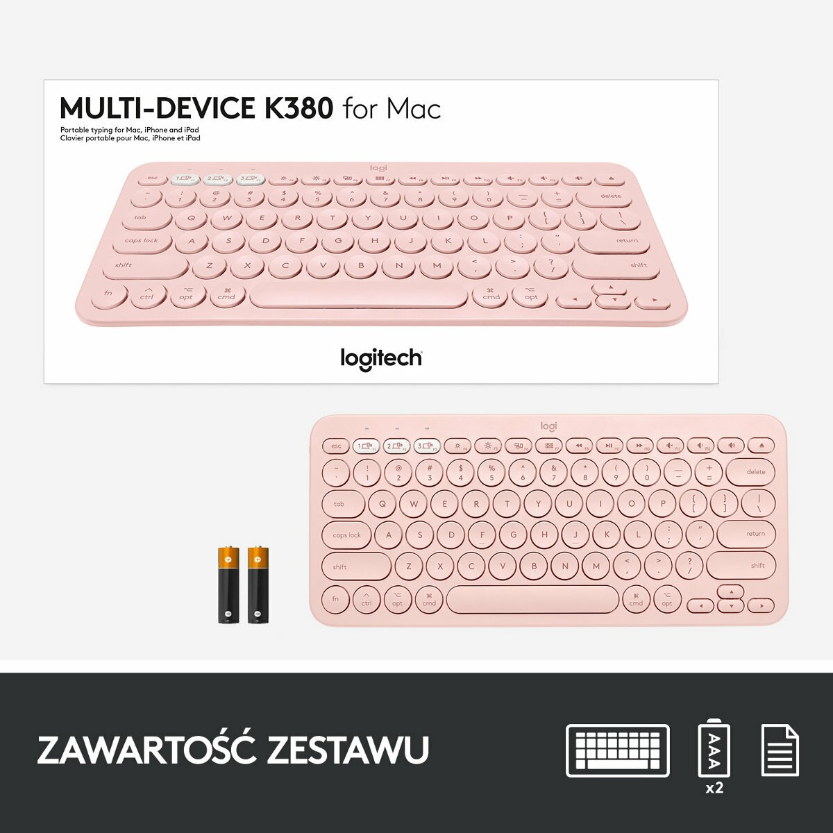 Pokazano dwie różowe klawiatury, baterie i schematy.