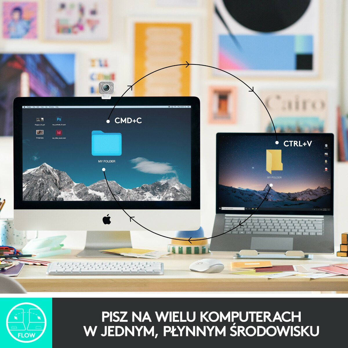 Dwa komputery na biurku, ilustrujące funkcję kopiuj-wklej za pomocą oprogramowania FLOW.