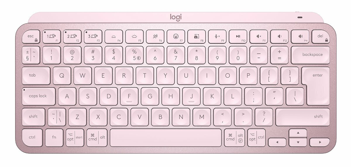 Różowa klawiatura, minimalistyczny design. Klawisze są widoczne. Marka: Logi.