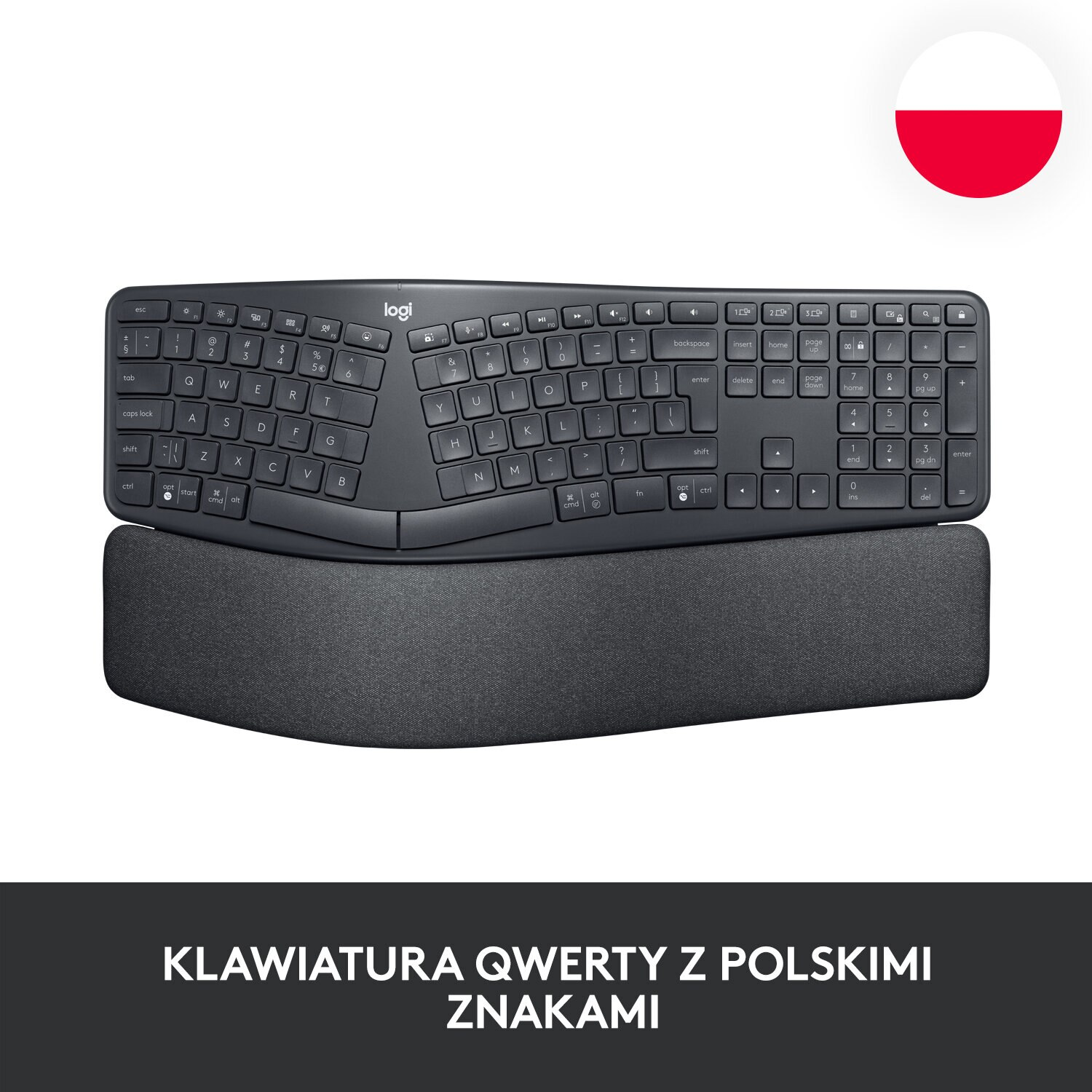 Ergonomiczna klawiatura z podpórką pod nadgarstki, polską flagą i tekstem po polsku.