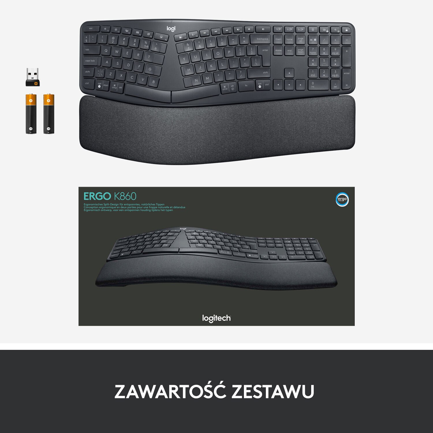 Klawiatura Logitech z podpórką pod nadgarstek, z drugim zdjęciem klawiatury poniżej.