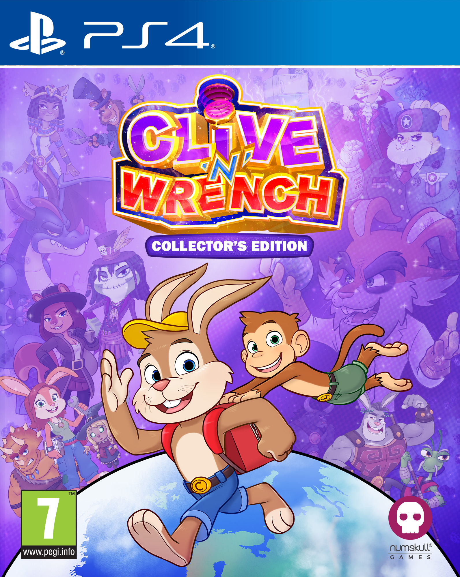 Portada del juego de PS4 'Clive 'N' Wrench' con personajes de dibujos animados y un conejo con sombrero.