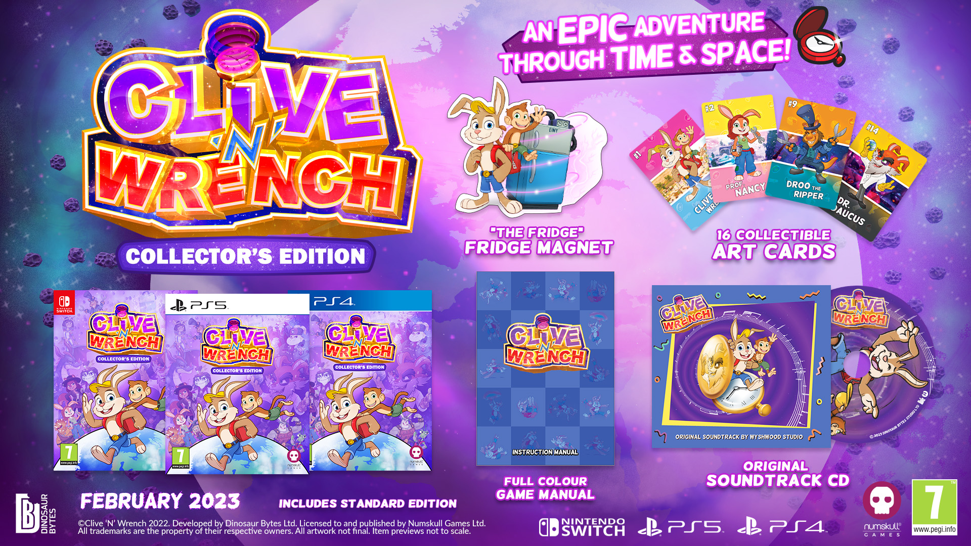 Caja de juego de edición coleccionista Clive 'N' Wrench con artículos adicionales. Tema morado.