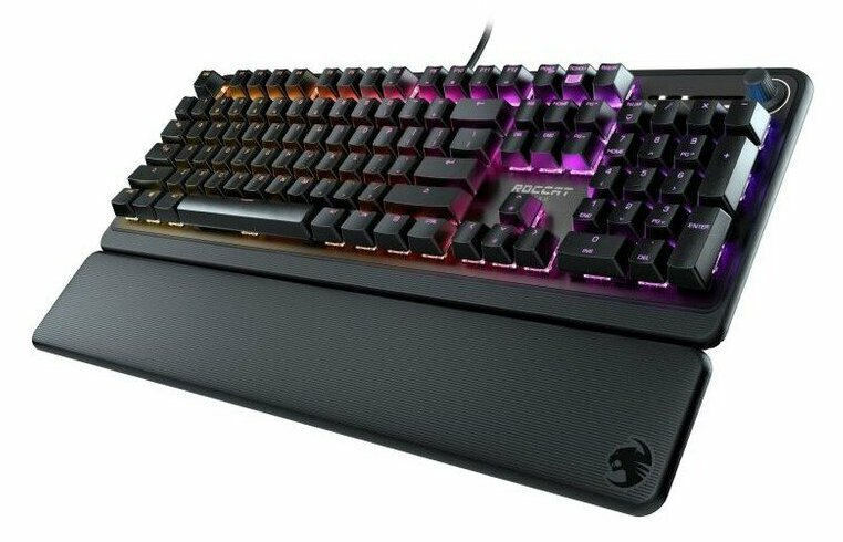 Czarna klawiatura z kolorowymi, podświetlanymi klawiszami i podpórką na nadgarstek, na białej powierzchni.