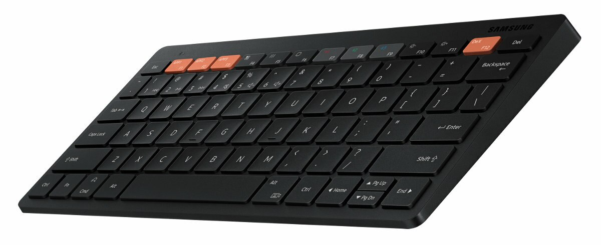 Czarna klawiatura Samsung z pomarańczowymi klawiszami funkcyjnymi na białym tle.