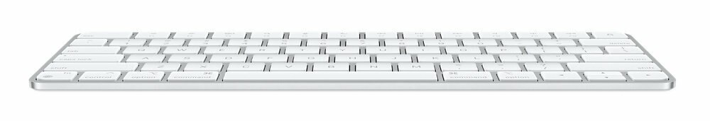 Biała klawiatura Apple na białym tle, widok z góry.