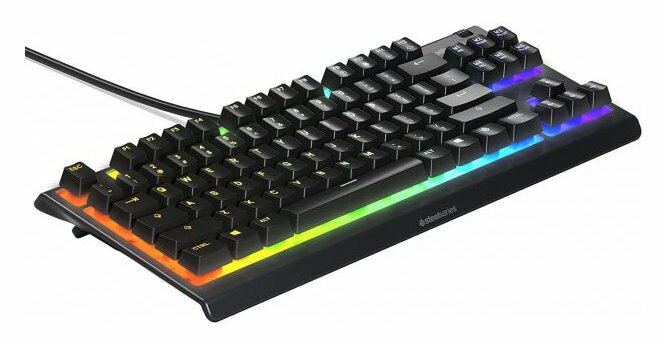 Czarna klawiatura, podświetlane klawisze w kolorach tęczy. Białe tło.