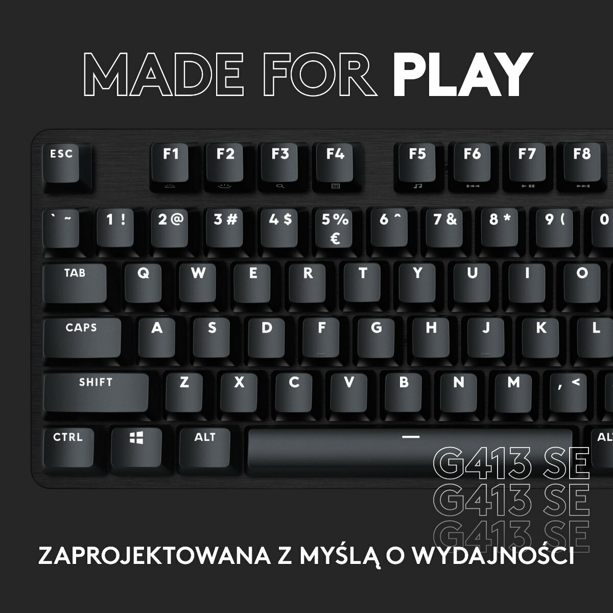 Czarna klawiatura z białymi literami i napisem 'MADE FOR PLAY' u góry.