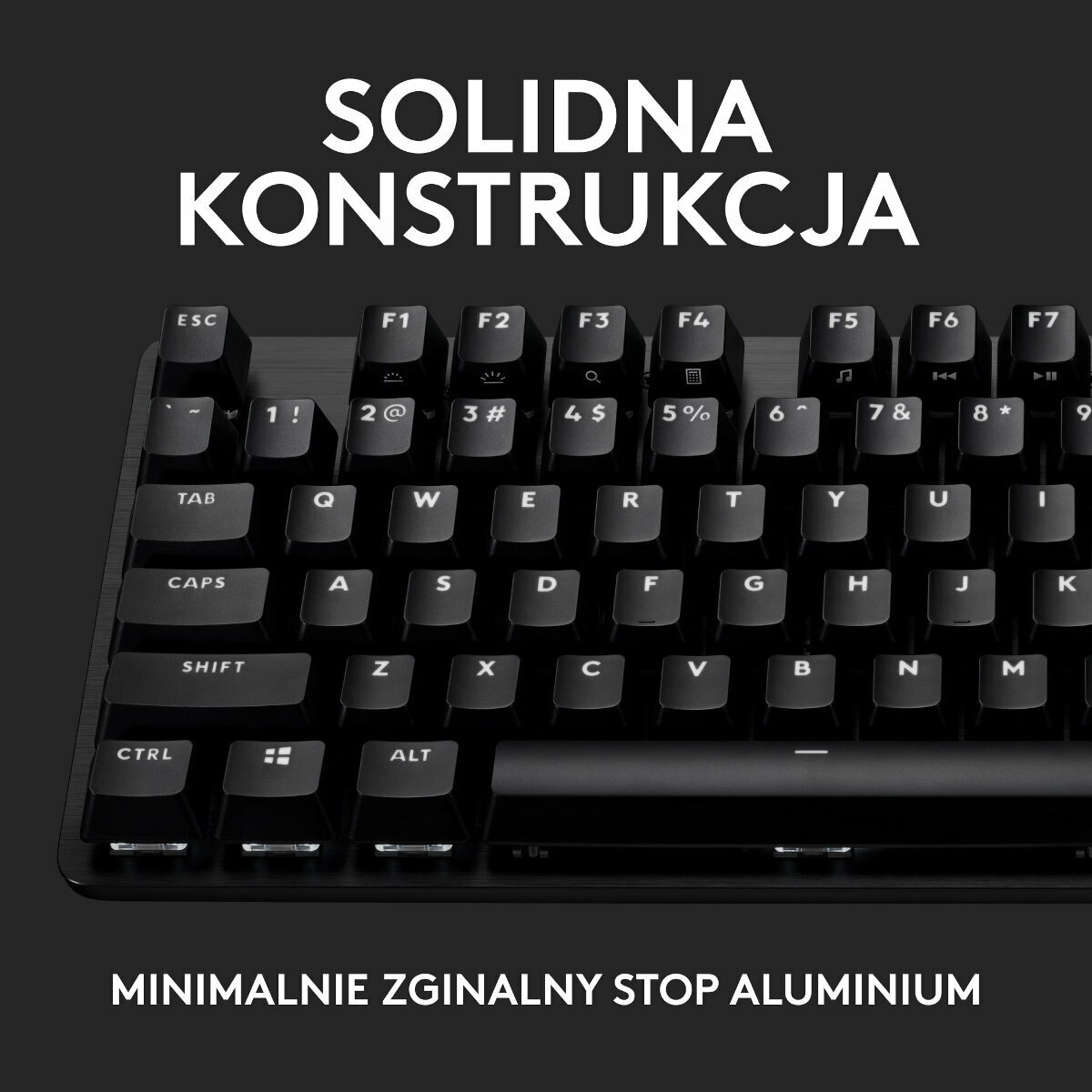 Czarna klawiatura z białymi klawiszami i czerwonym podświetleniem. Widok z góry z nakładką tekstową.