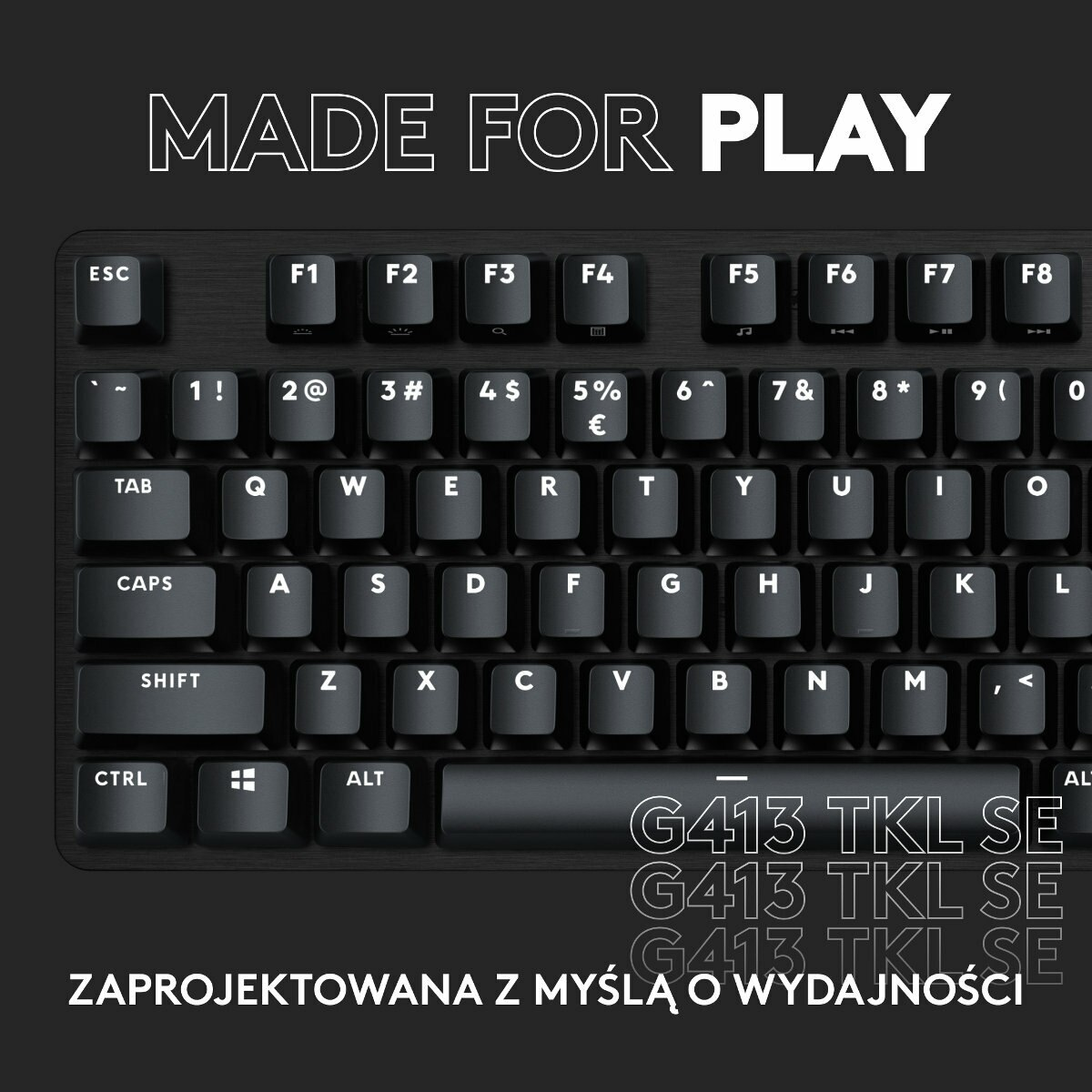 Czarna klawiatura z białymi klawiszami i tekstem 'MADE FOR PLAY'. Widoczna nazwa modelu.