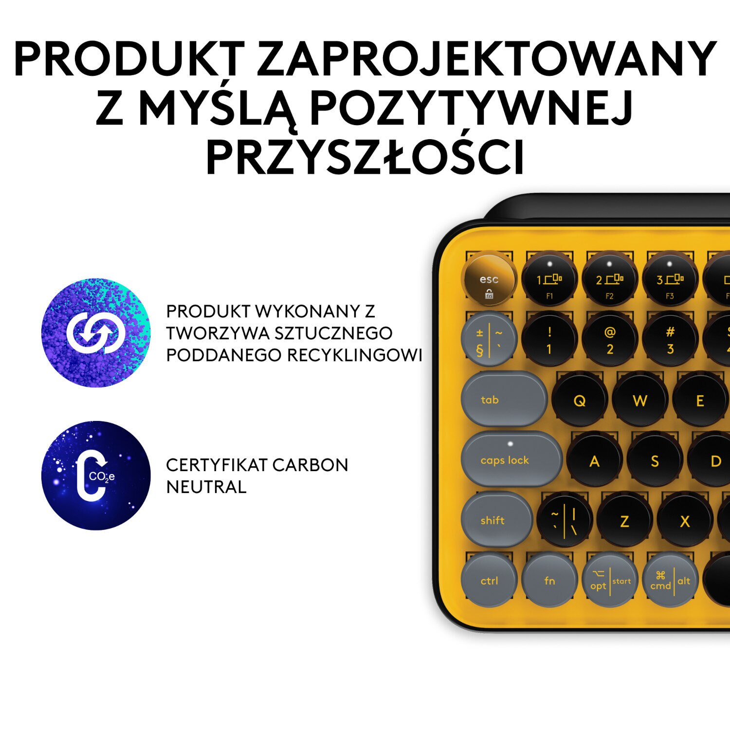 Żółta klawiatura z czarnymi klawiszami i białym tekstem. Ikony logo recyklingu i logo neutralności węglowej.
