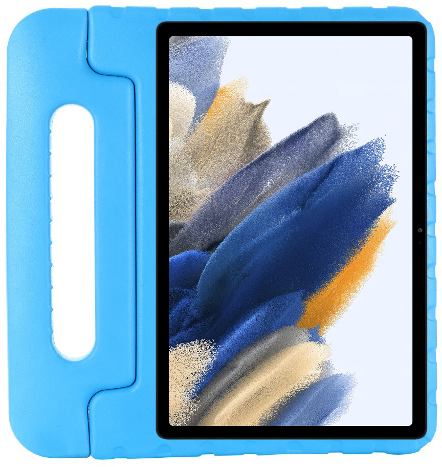 A blue tablet in a blue protective case.