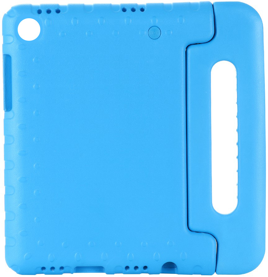 Blue tablet case with handle. Has openings for camera and buttons.