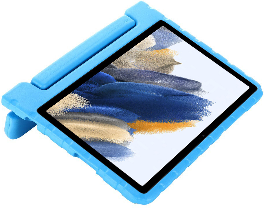 Blue tablet case, with a tablet inside. The case has a handle and is on a white surface.