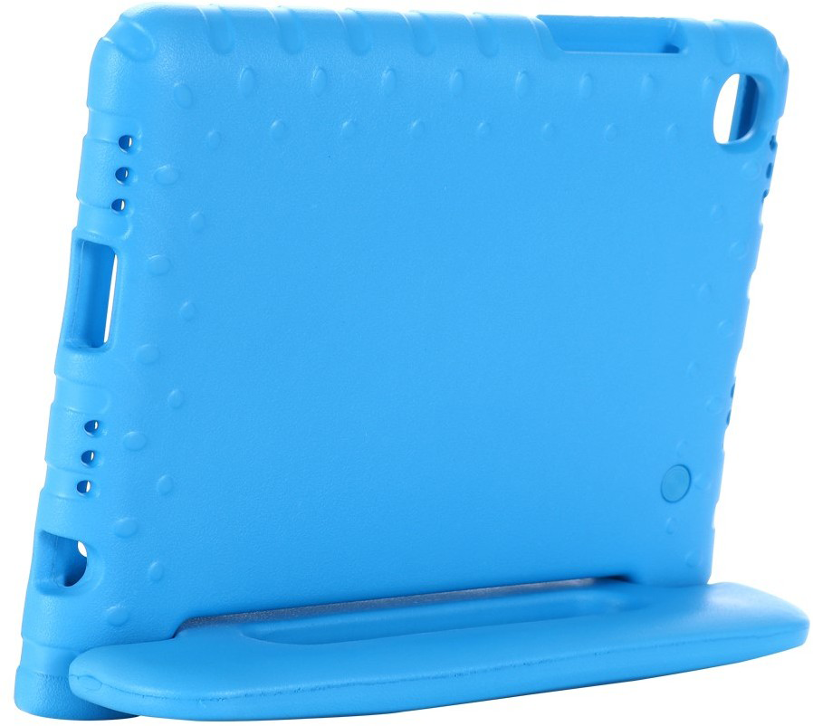 Light blue tablet case with a stand. The case has holes and bumps on the side.