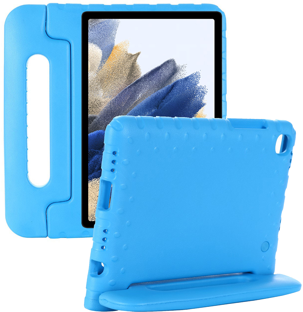Blue tablet case with stand, holding a tablet screen.