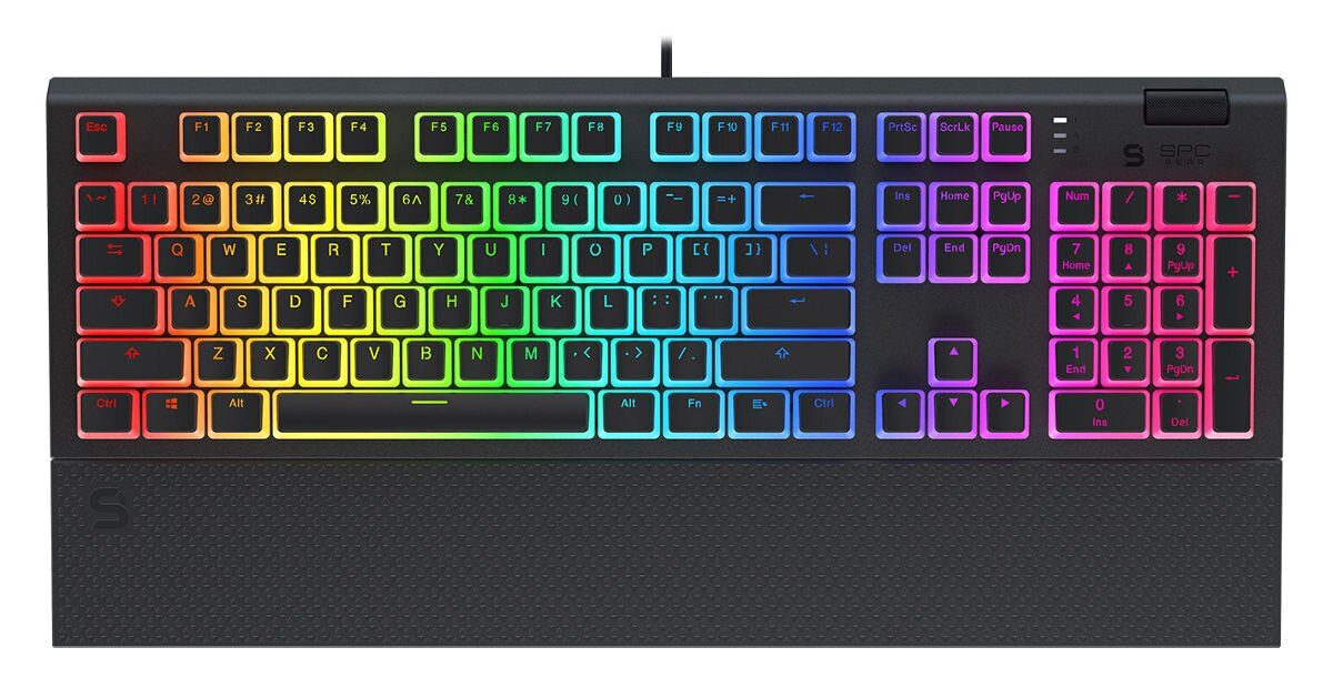 Czarna klawiatura dla graczy z kolorowymi, podświetlanymi klawiszami i podpórką pod nadgarstek.