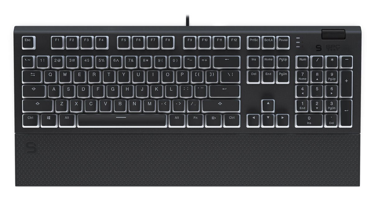 Czarna klawiatura z białymi podświetlanymi klawiszami i podpórką pod nadgarstek.