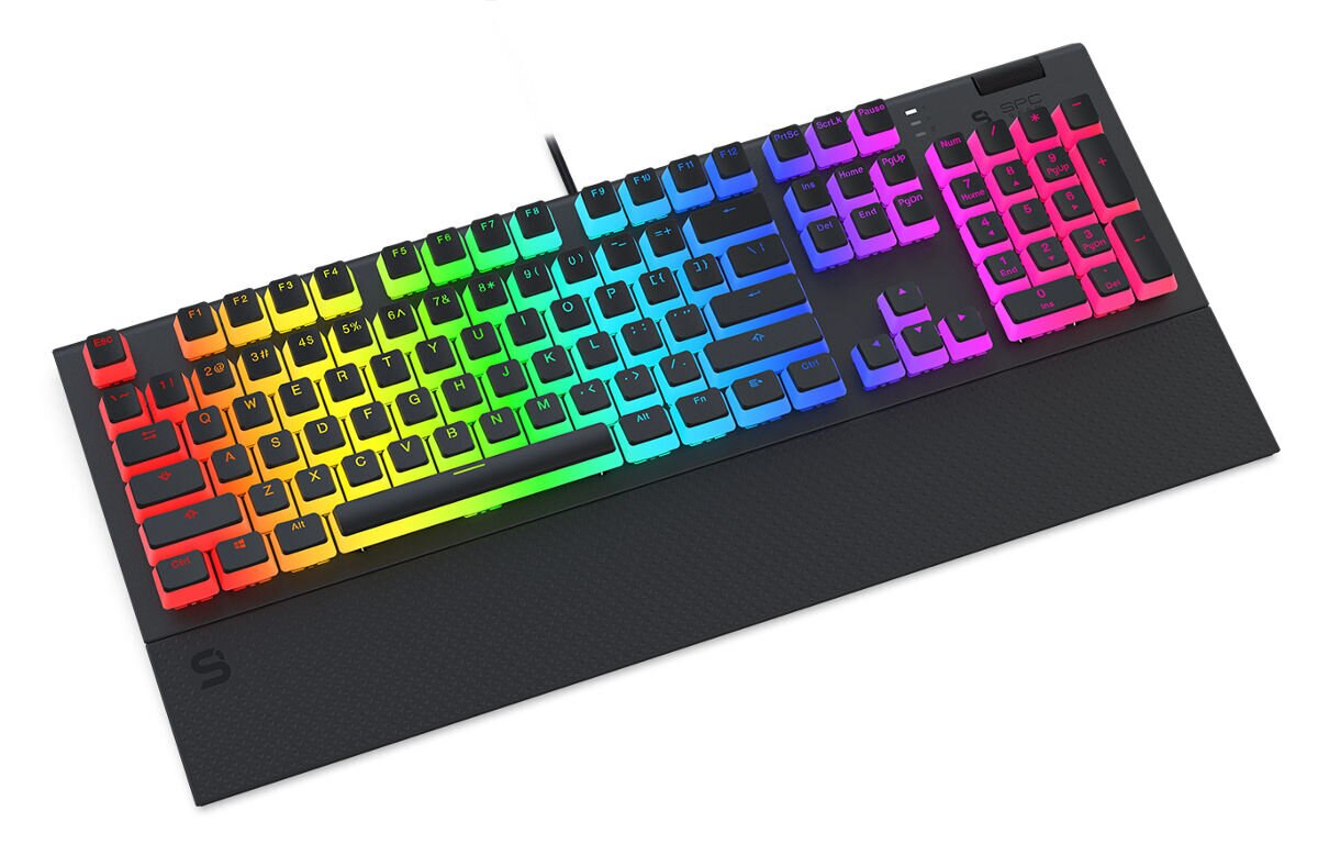 Podświetlana klawiatura RGB z kolorowymi klawiszami na czarnej podstawie.