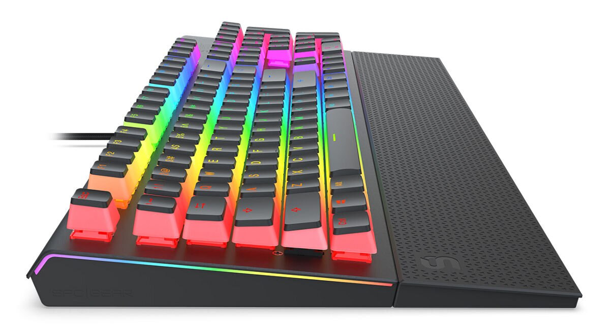 Klawiatura mechaniczna RGB z czarną podstawą i klawiszami. Z boku logo.