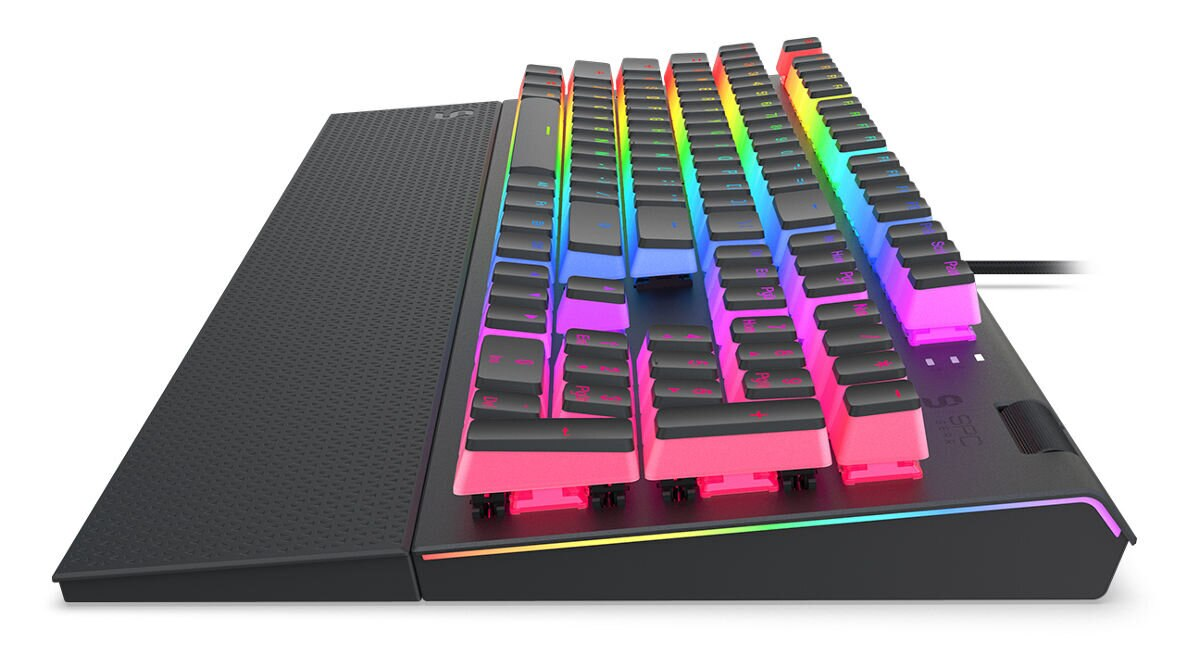 Widok z boku kolorowej klawiatury do gier RGB na białym tle, pokazujący klawisze i funkcje.