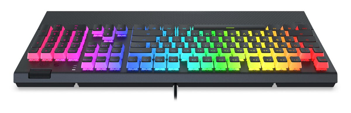 Klawiatura z tęczowym podświetleniem klawiszy.