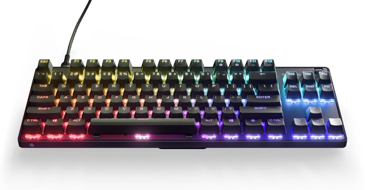 Podświetlana klawiatura z kolorowymi klawiszami. Klawiatura ma czarną ramkę. Kabel jest podłączony u góry.