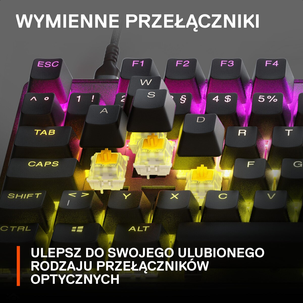 Klawisze klawiatury z żółtymi przełącznikami. Zbliżenie z tekstem, zmiana przełączników.