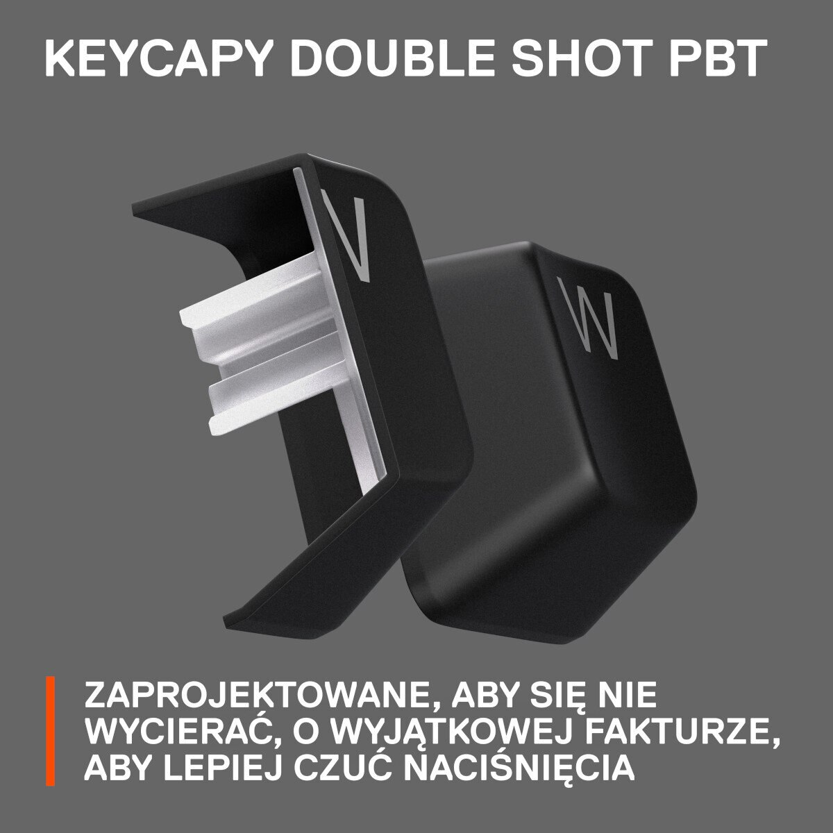 Czarne nakładki klawiszy z białymi literami 'V' i 'W'. Tekst wyjaśnia design.