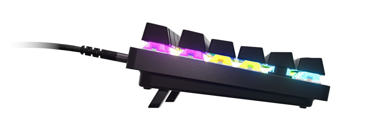 Widok z boku czarnej klawiatury z podświetlanymi klawiszami, pokazujący klawisze i kabel.