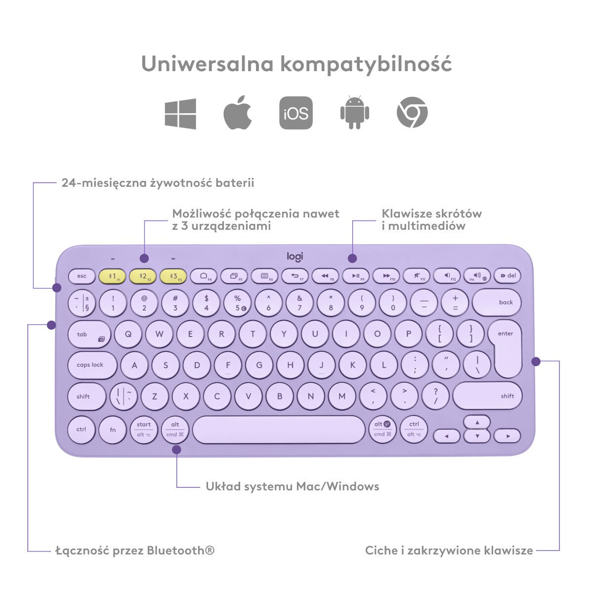 Klawiatura bezprzewodowa LOGITECH K380 Multi-Device Bluetooth Fioletowy (Lavender Lemonade) 920-011166