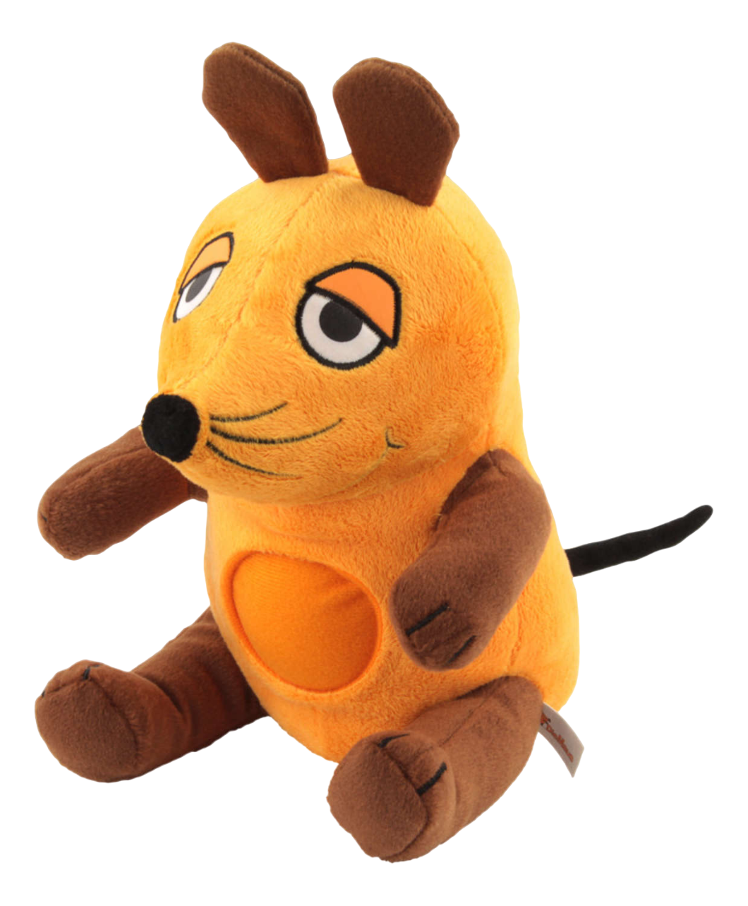 Un jouet en peluche de souris orange avec des oreilles et des pattes marron, et une queue noire.