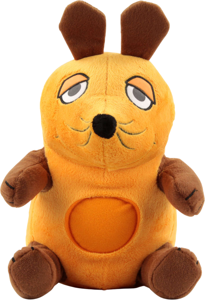 Un animal en peluche en forme de chien, avec une fourrure orange et marron.