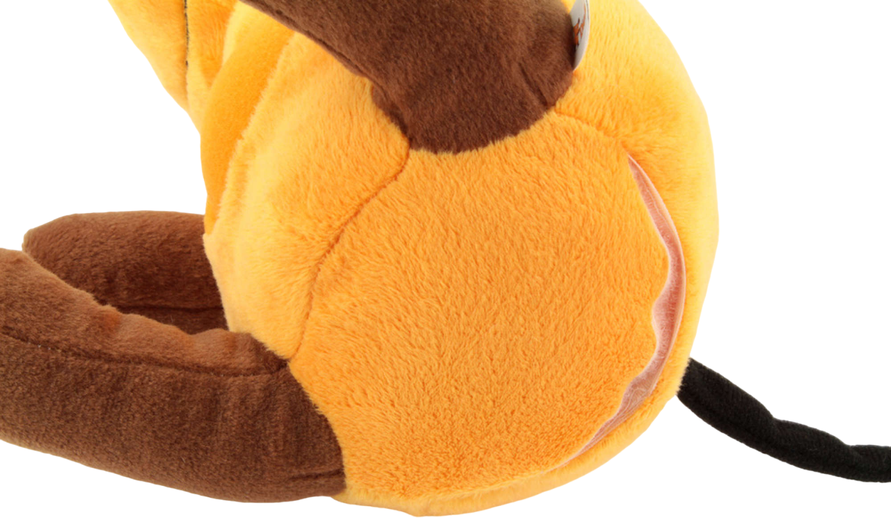 Gros plan du dos d'un jouet en peluche orange et marron avec une queue noire.