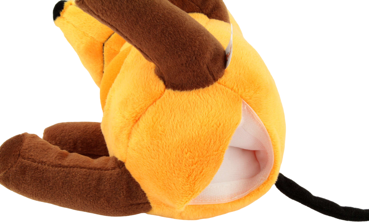 Un jouet en peluche orange et marron, ouvert pour révéler un intérieur blanc.