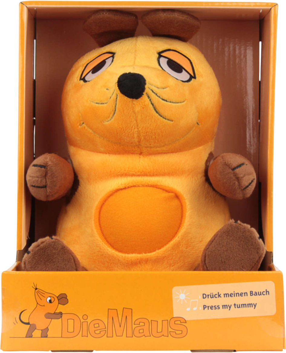 Une souris en peluche, assise dans une boîte, avec un visage souriant.