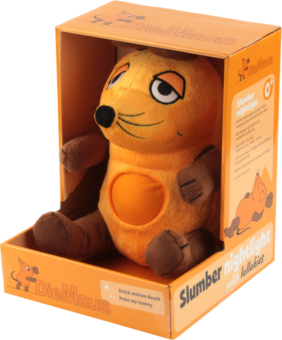 Souris en peluche orange dans une boîte. Texte : Veilleuse de sommeil.