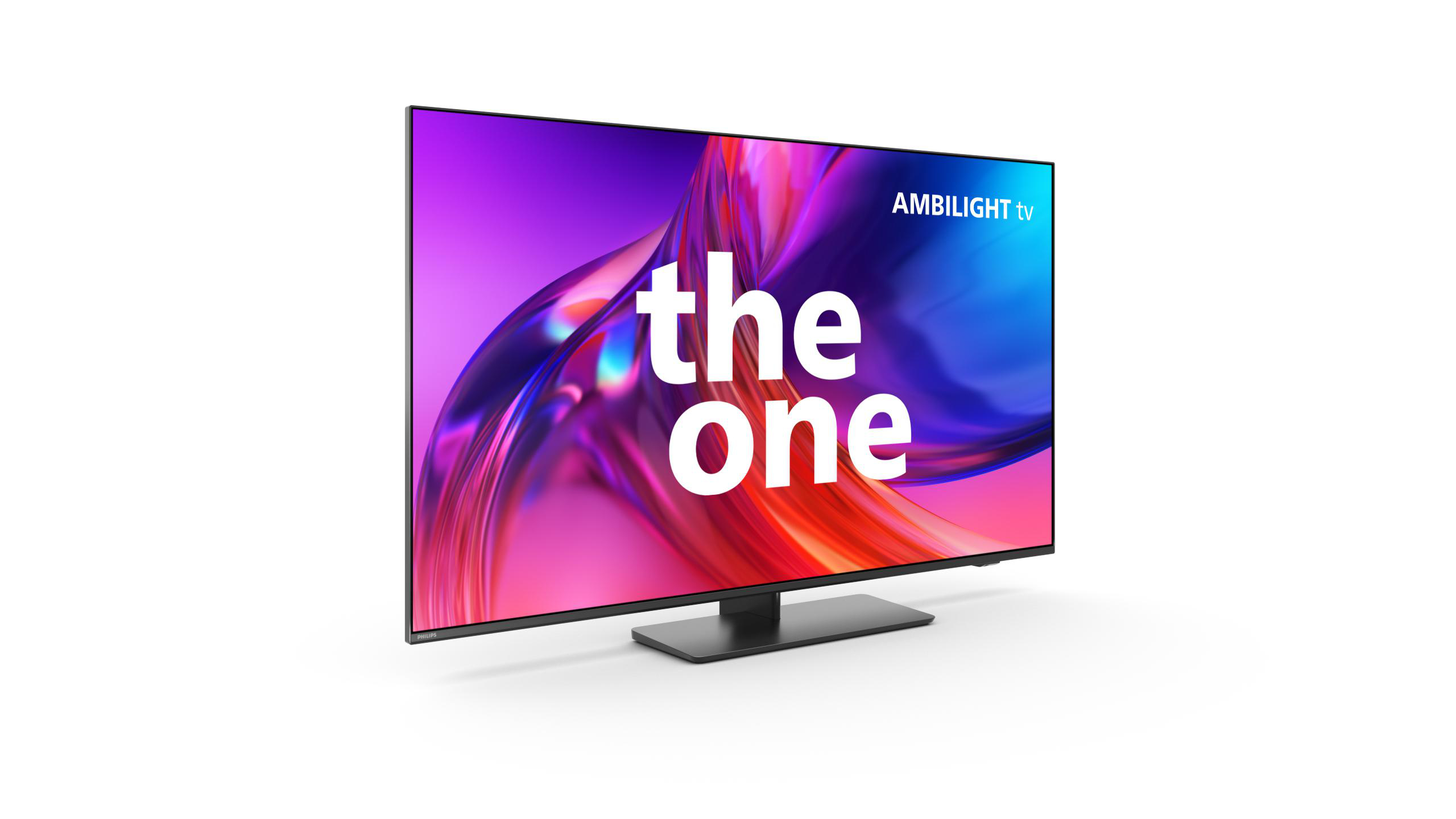 TV-Bildschirm mit 'the one'-Text, der einen abstrakten, farbenfrohen Hintergrund zeigt.