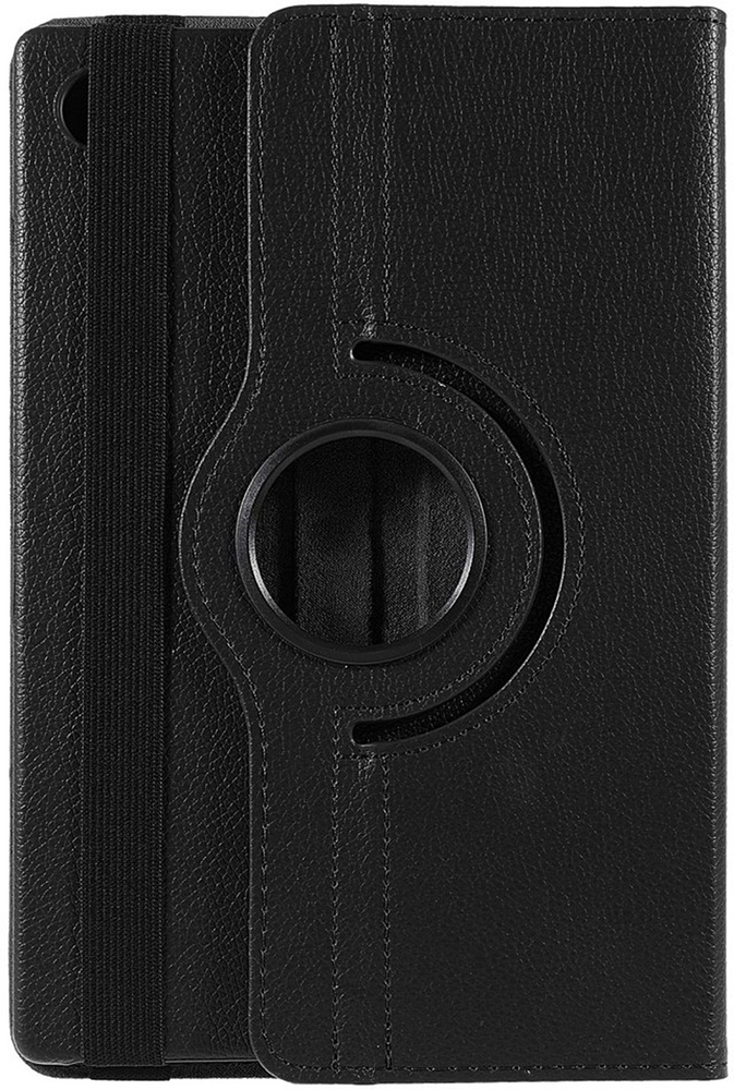 Black leather tablet case with an elastic band and a rotating ring, closed.