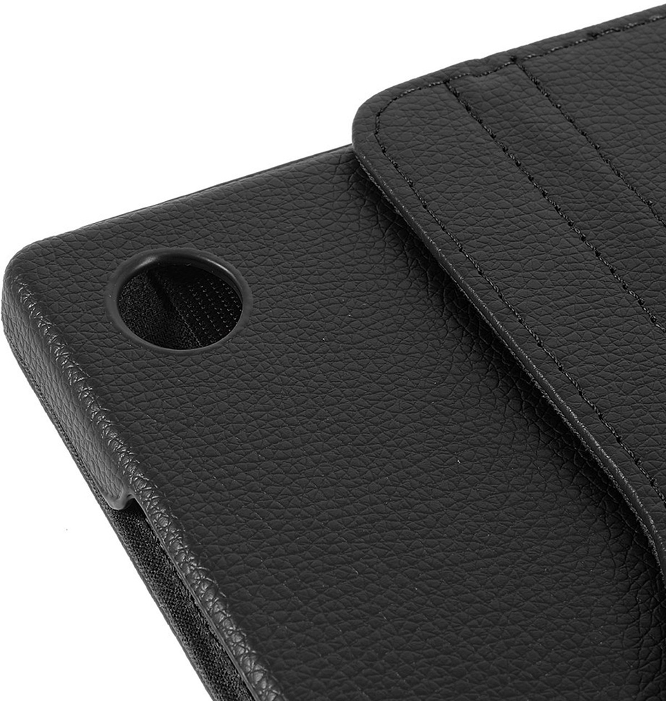 Close-up of a black leather case with a hole and stitching on the edge.